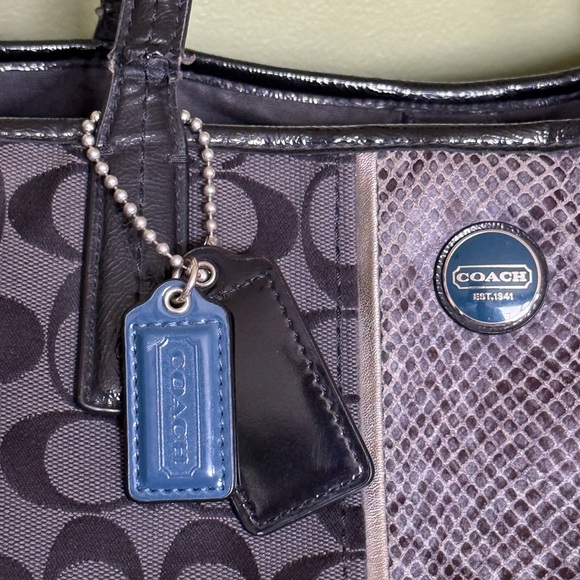 COACH F24882 DBL TAG SIGNATURE STRIPE PYTHON CARRYALL SILVER/BLACK GREY/BLACK - Picture 7 of 9